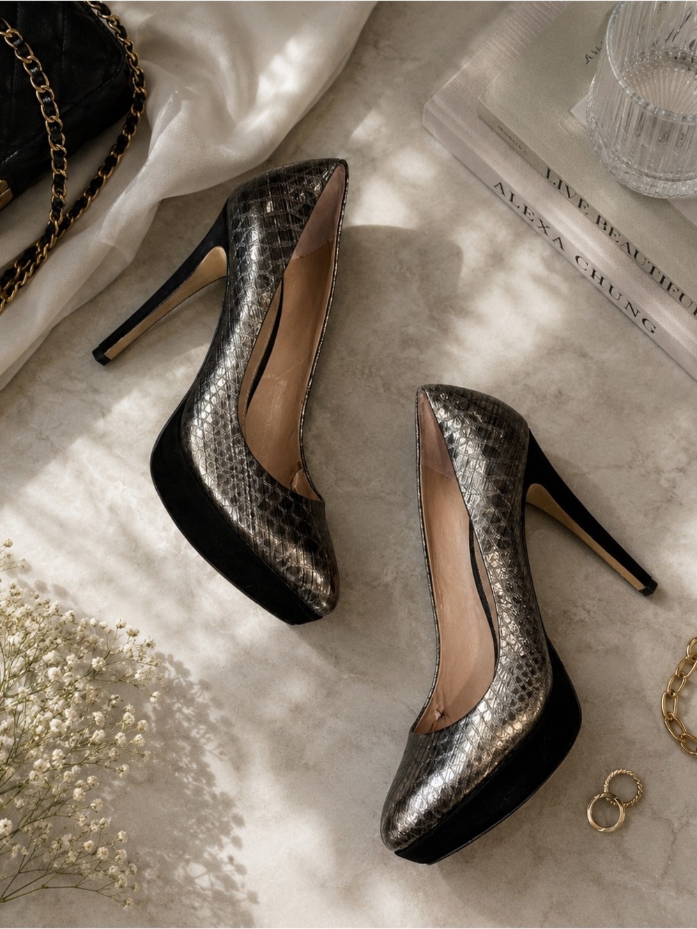Vince Camuto Metallic Snake-Print Platform Stiletto Heels - Gold/Black